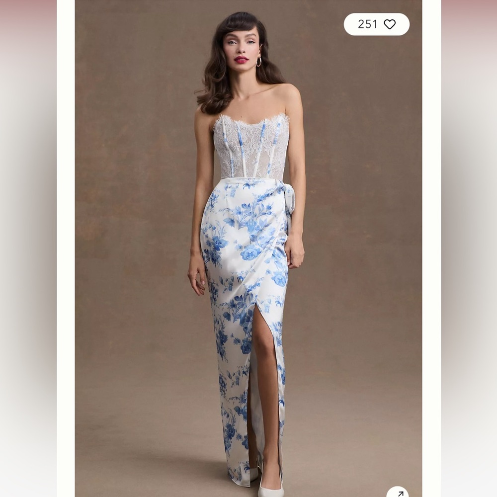V. Chapman January Wrap Skirt Lace Corset Front Slit Column Gown Maxi Dress